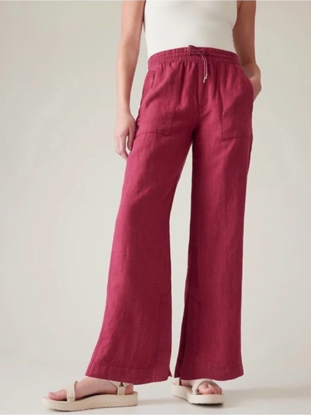 Athleta Retreat Red Wide Leg 100% Linen Pants Sz 10 Beach Summer Sustainable